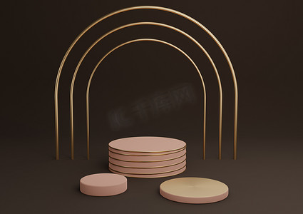 深棕色 3D 渲染简单的产品展示圆筒讲台与豪华金拱和线条三站最小背景抽象组合