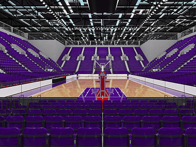 美丽的现代篮球运动场，配有紫色座椅和 VIP 包厢