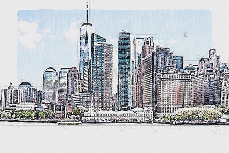纽约市城市摩天大楼美景的水彩素描或插图