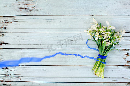 木制背景上带蓝丝带的雪花莲