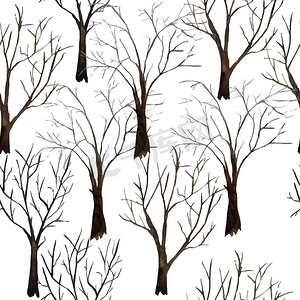 手绘棕色摄影照片_水彩手绘插图无缝图案的裸落树木没有叶子，生态概念自然森林木材林地。