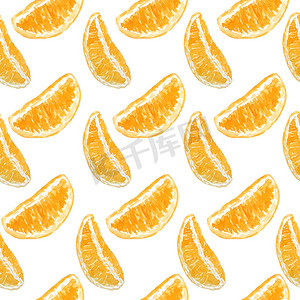 手绘橙色水果摄影照片_水彩手绘无缝图案插图明亮的橙色橘子柑橘类水果碎片极简主义几何。