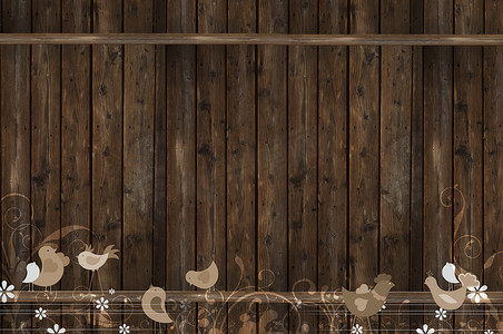 木墙与花卉元素和鸟类插图。