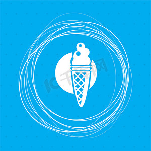 蓝色背景上的冰淇淋图标，周围有抽象圆圈和文本的位置。