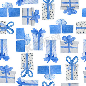 中性包装摄影照片_水彩无缝手绘图案与蓝色灰色圣诞礼物在装饰包装纸与蝴蝶结。