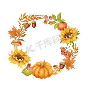 水彩秋季圆花环，配有向日葵、南瓜、蘑菇和橡子。