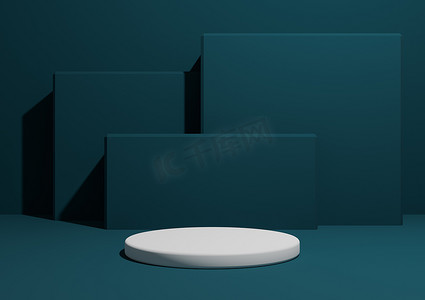 深蓝绿色、水蓝色、简单、最小的产品展示组合背景的 3D 渲染，背景中有一个讲台或展台和几何方形。