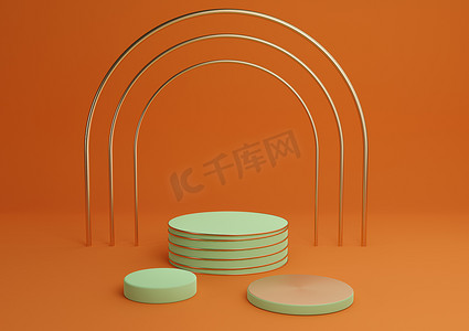 霓虹橙色、亮红色 3D 渲染简单的产品展示圆筒讲台与豪华金拱和线条三站最小背景抽象组合