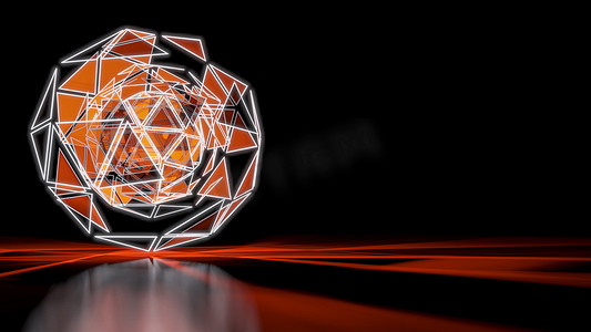 暗空间摄影照片_暗空间背景上的多边形橙色抽象三角形发光球体