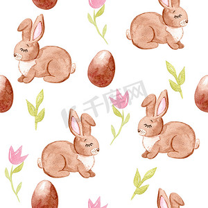 水彩手绘复活节棕色兔子和巧克力蛋，白色背景上的花朵无缝图案。可用作邀请模板、剪贴簿、墙纸、织物、纺织品、包装纸