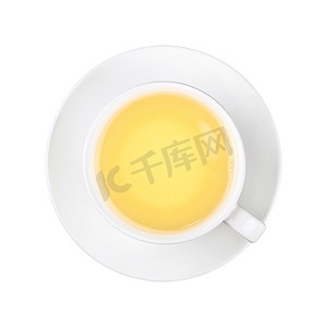 乌龙黑米茶摄影照片_孤立的碟子上的白杯绿乌龙茶