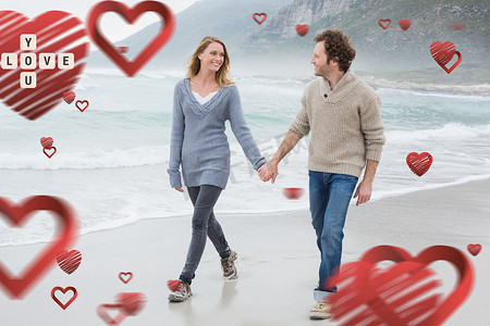 情侣牵着手摄影照片_情侣牵着手在海滩散步的复合图像