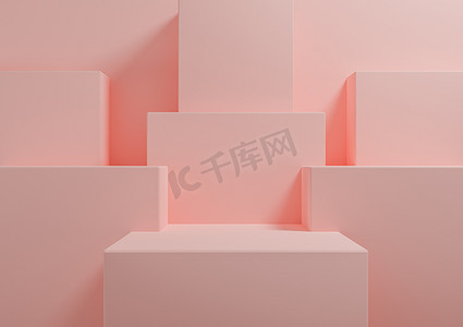 红色的展示台摄影照片_柔和、浅红色、鲑鱼粉色 3D 渲染简单，产品展示台的最小背景，代表展示几何背景模拟美容化妆品产品模板墙纸