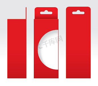 悬挂红盒窗口剪出包装模板空白，空盒红色纸板，礼品盒红色牛皮纸包装纸箱，高级红盒空