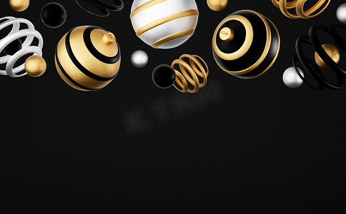 圣诞快乐和新年快乐 3d 渲染插图卡与华丽的金色、黑色和银色圣诞球和装饰。