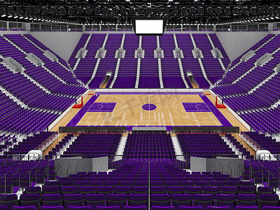美丽的现代篮球运动场，配有紫色座椅和 VIP 包厢