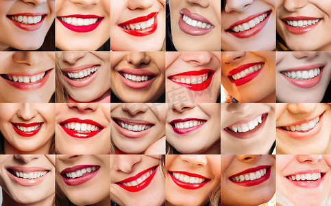 烈焰红唇摄影照片_不同的女性微笑与牙齿和红唇的拼贴画。