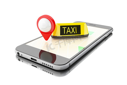 手机手机app摄影照片_带有在线出租车应用程序的 3D 智能手机。