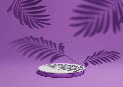 明亮的紫色、紫色、3D 渲染简单、最小的产品展示组合背景，在自然产品的背景中有 ont 讲台或展台和叶子阴影。