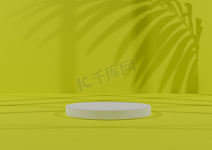 简单、最小的 3D 渲染组合与一个白色圆柱讲台或站在抽象阴影明亮、霓虹黄色背景上用于产品展示。