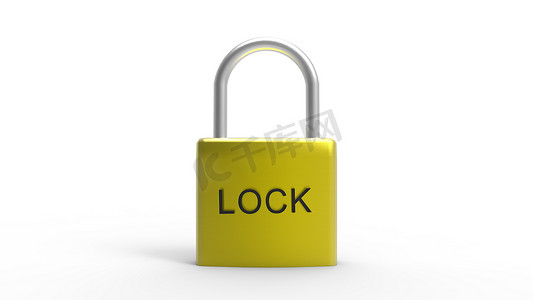 挂锁高清 4k 金黄色金属挂锁，白色背景金属上带有“锁”字样。