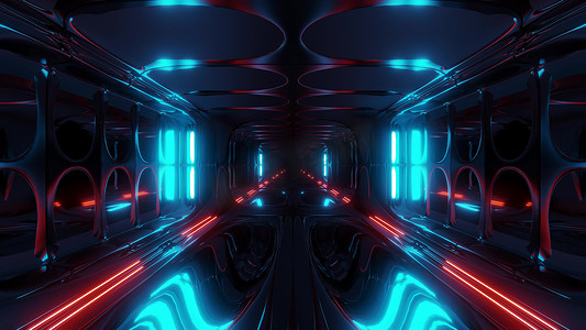 无尽的未来派科幻外星人太空隧道走廊空间机库3d插画背景壁纸