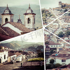 欧州旅行地标摄影照片_巴西米纳斯吉拉斯州欧鲁普雷图拼贴画图像 - 旅行 b