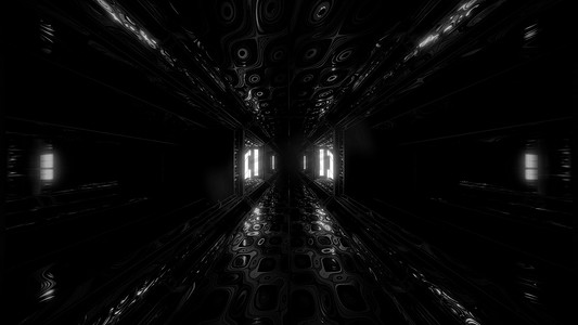 未来科幻空间机库隧道走廊 3D 插图与抽象眼睛纹理背景壁纸