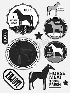 一套标志马肉、马肉、标签和徽章。