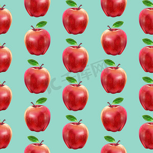 插图现实主义无缝图案水果苹果红颜色浅蓝色背景