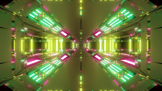 未来高反光科幻太空隧道走廊3D插画壁纸背景发光灯