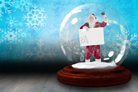 圣诞老人敲响钟声并在雪球中举牌子