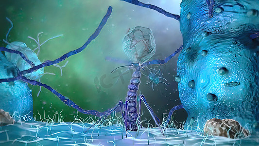 酸性摄影照片_噬菌体病毒杀死细菌的 3D 插图。
