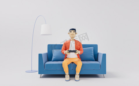 一个卡通人在沙发上玩游戏，3d 渲染。