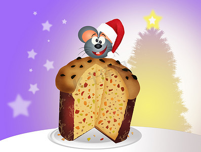 老鼠上灯台摄影照片_圣诞节鼠标放在节日糕点上