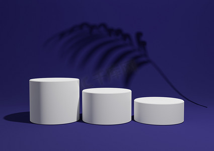深蓝色，3D 渲染一个简单、最小的产品展示组合背景，带有三个讲台或看台，背景中有棕榈叶阴影，用于自然产品