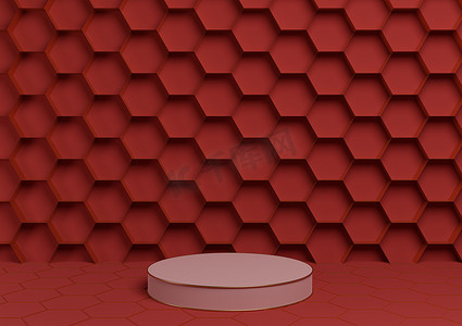 蜂蜜模板摄影照片_明亮的栗色、深红色 3D 渲染产品展示台豪华金色蜂窝抽象背景与圆柱支架最小，自然豪华蜂蜜产品的简单模板