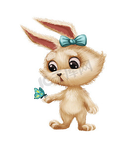 可爱的毛茸茸的兔子与蝴蝶-卡通动物人物吉祥物感到惊讶