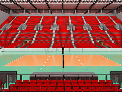 美丽的现代排球运动场，配有红色座椅和 VIP 包厢