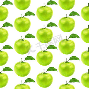 绿色食物插图摄影照片_插图现实主义无缝图案水果苹果绿色白色孤立背景