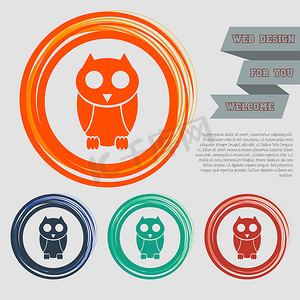 可爱的猫头鹰卡通人物图标上的红色、蓝色、绿色、橙色按钮为您的网站和设计与空间文本。