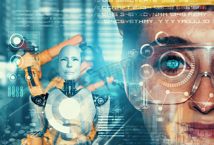 机械化工业机器人与人类工人在未来工厂合作