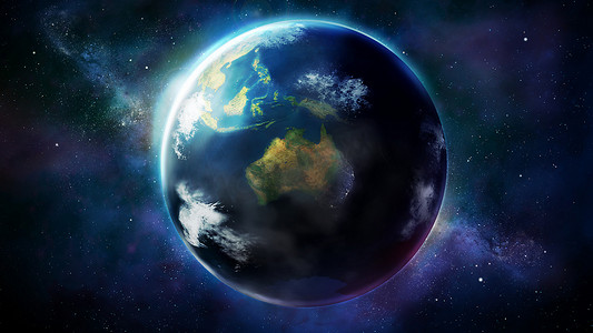 从太空看到的现实地球，显示亚洲、澳大利亚和大洋洲