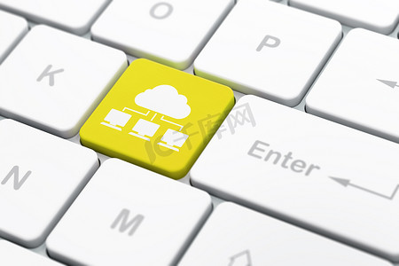 云彩技术概念：计算机键盘背景上的云彩网络