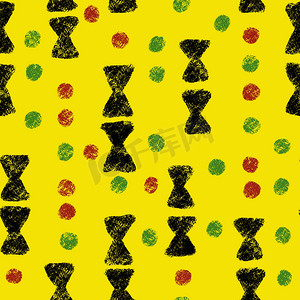 手绘无缝图案与非洲几何装饰设计印花，Juneteenth 自由 1865 面料，黄绿色红色黑色抽象形状肯特布，民族背景。
