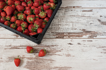 白色背景中的木箱、板条箱里堆着一堆多汁的成熟有机草莓
