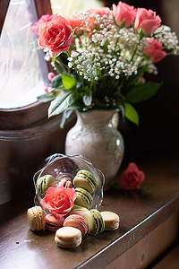 窗台上的静物、鲜花和马卡龙、粉红玫瑰、五颜六色的糖果