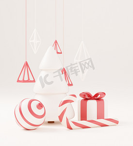 圣诞球海报摄影照片_3d 圣诞树与红色礼品盒和球白色背景，圣诞海报，网页横幅。 