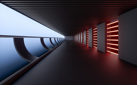 黑暗隧道，未来派概念，3d 渲染。