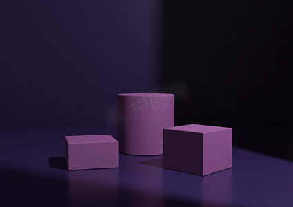 展台紫色摄影照片_用于产品展示的简单最小深紫色三讲台或展台组合。